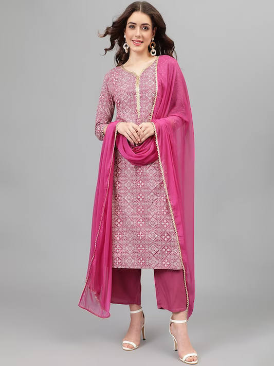 Bandhani Printed Kurta With Palazzos & Dupatta