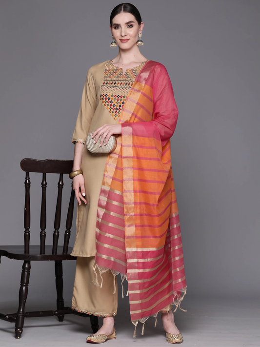 Women Cotton Blend Kurta Palazzo Dupatta Set