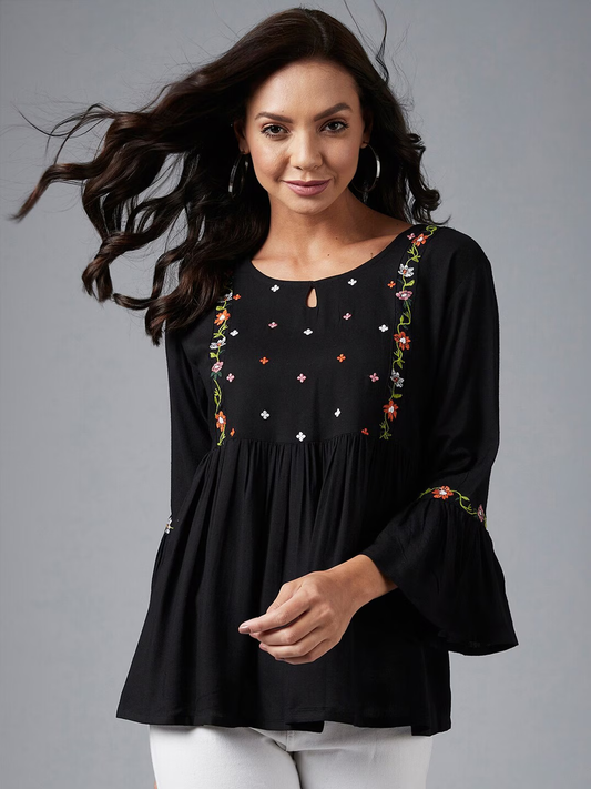 Black Floral Embroidered A-Line Top