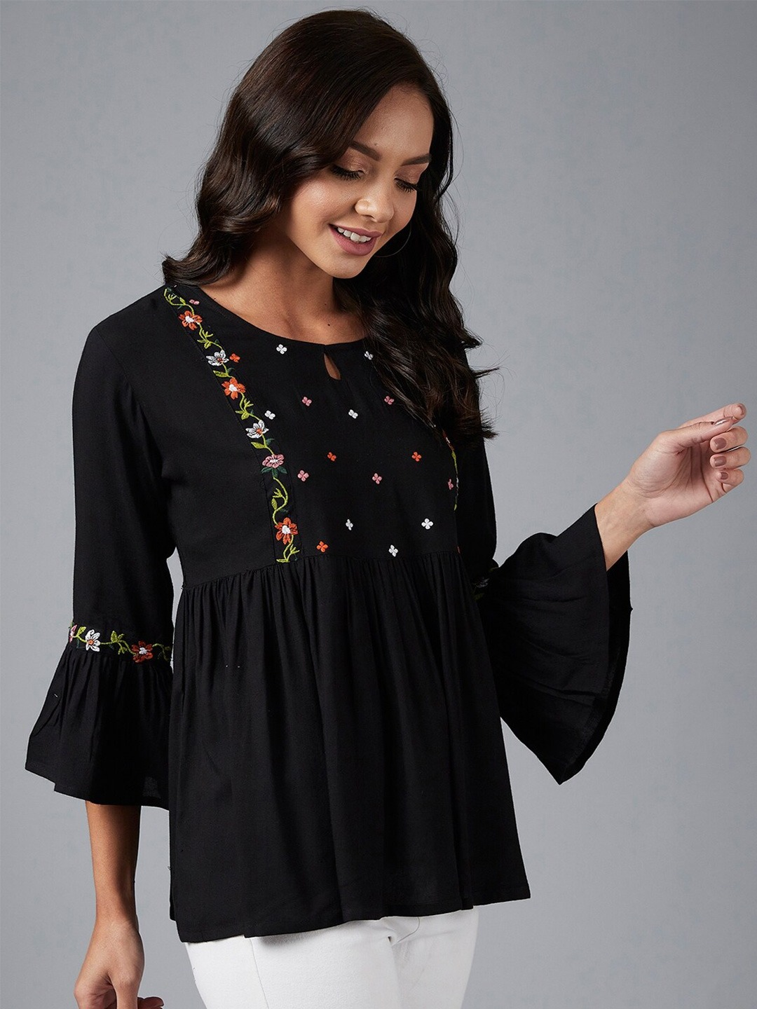 Black Floral Embroidered A-Line Top