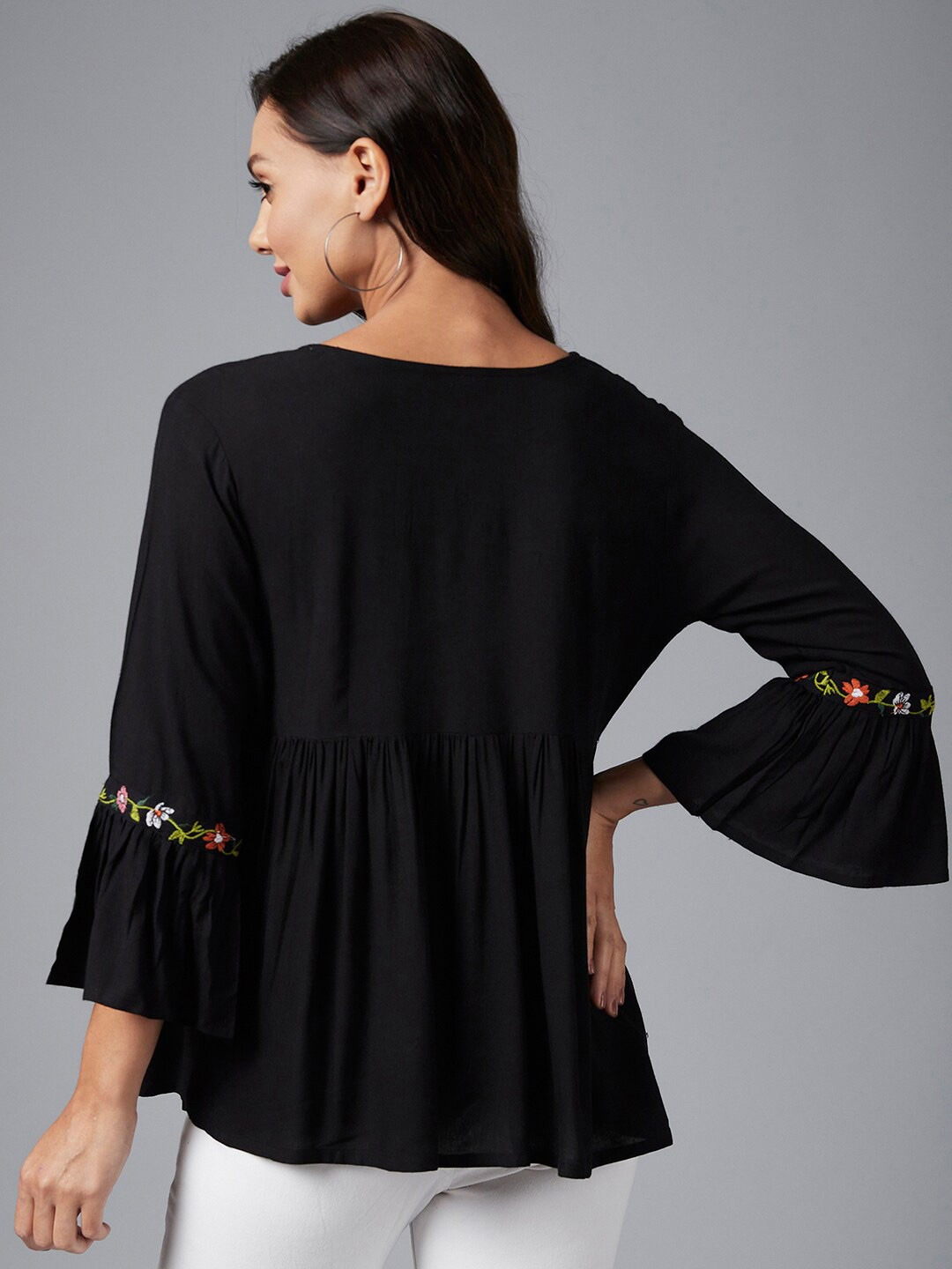 Black Floral Embroidered A-Line Top