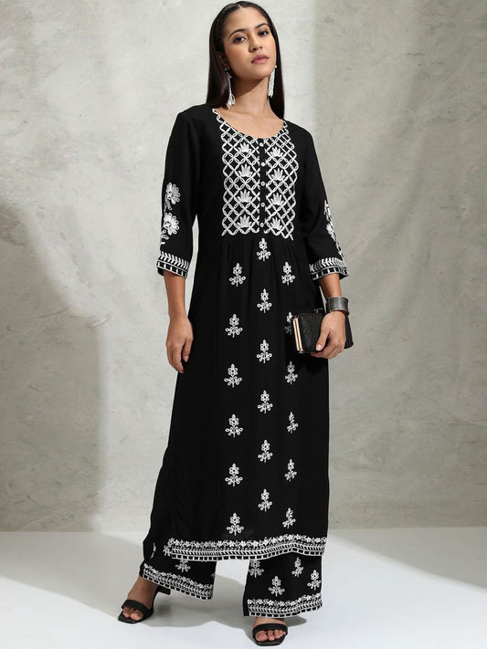 Black Floral Embroidered Straight Kurta with Palazzo