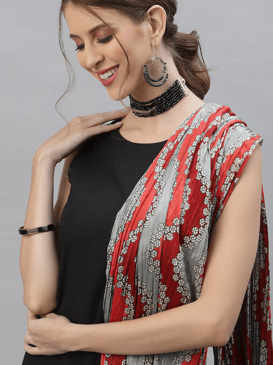 Women Black Striped Panelled Kurti with Trousers & With Dupatta