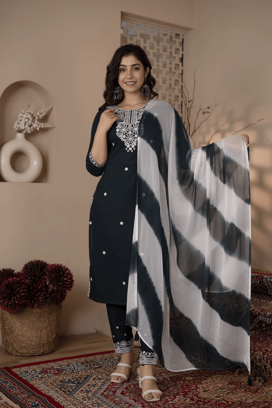 Women Dark Teal Viscose Rayon Kurta Pant Dupatta Set