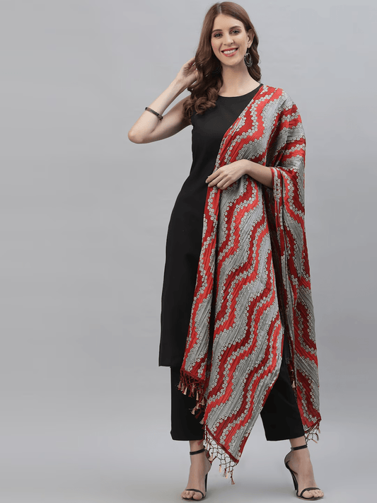 Women Black Striped Panelled Kurti with Trousers & With Dupatta