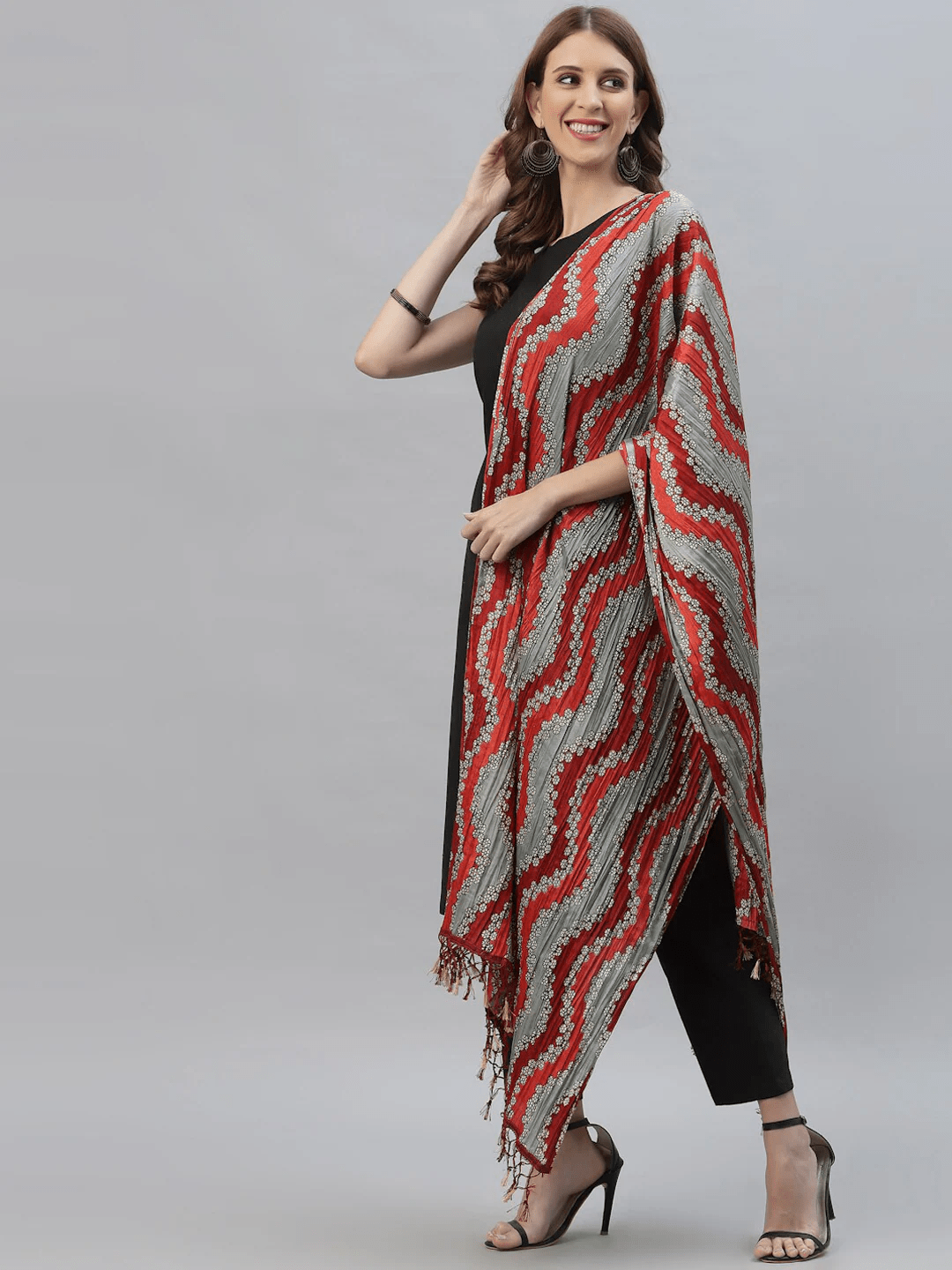 Women Black Striped Panelled Kurti with Trousers & With Dupatta