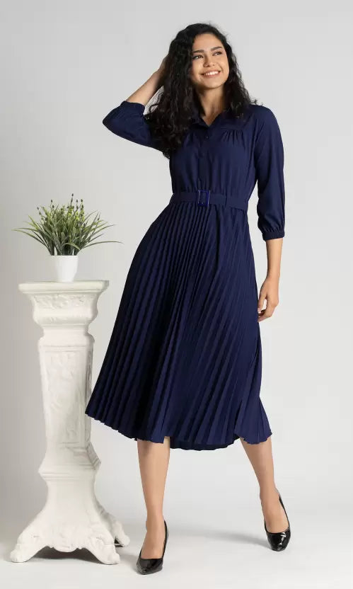 Women Trendy Pleated Blue Dress