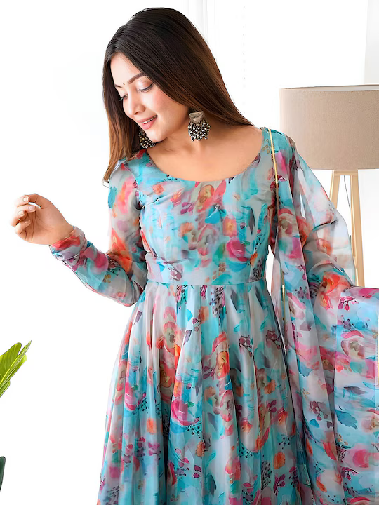 Floral Printed Gotta Patti Anarkali Kurta With Trousers & Dupatta