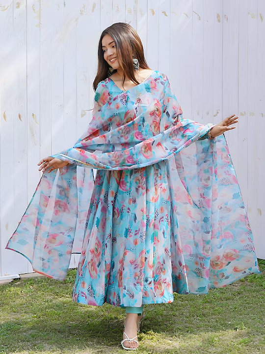 Floral Printed Gotta Patti Anarkali Kurta With Trousers & Dupatta