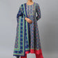 Blue & Mint Floral Printed Straight Kurta With Trousers & Printed Dupatta