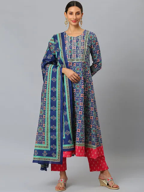 Blue & Mint Floral Printed Straight Kurta With Trousers & Printed Dupatta