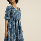 Blue & White Indigo Hand Block Print Empire Sustainable Pure Cotton Ethnic Dress with Gathered Detail