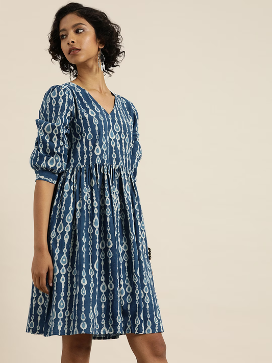 Blue & White Indigo Hand Block Print Empire Sustainable Pure Cotton Ethnic Dress with Gathered Detail