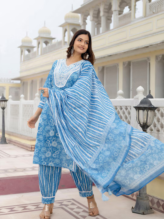 Floral Embroidered Regular Mirror Work Pure Cotton Kurta with Patiala & Dupatta