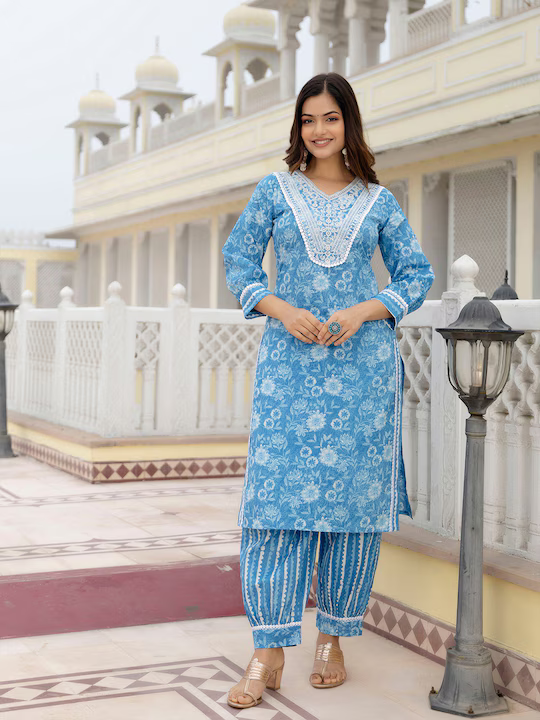 Floral Embroidered Regular Mirror Work Pure Cotton Kurta with Patiala & Dupatta