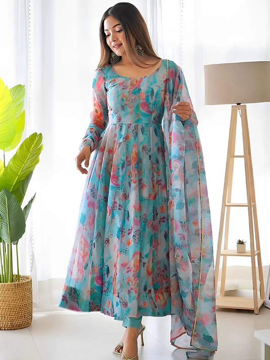 Floral Printed Gotta Patti Anarkali Kurta With Trousers & Dupatta