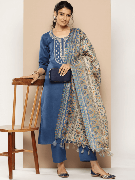 Women Cotton Blend Kurta Pant Dupatta Set