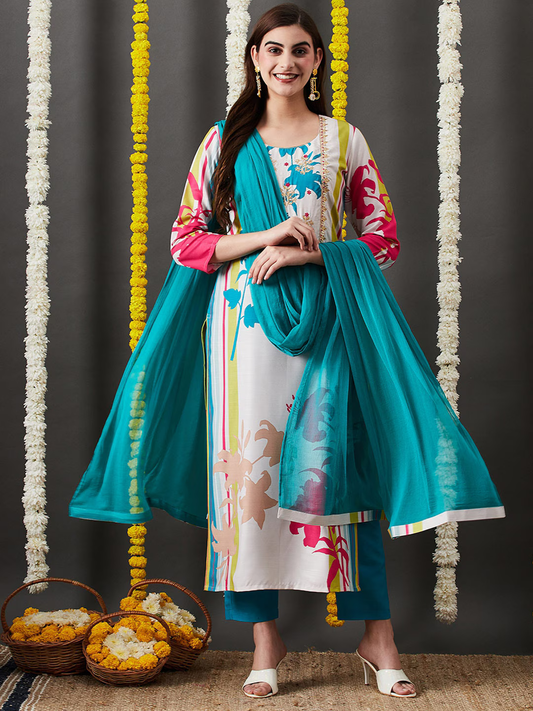 Floral Printed Thread Work Detailed Straight Kurta & Trouser With Dupatta