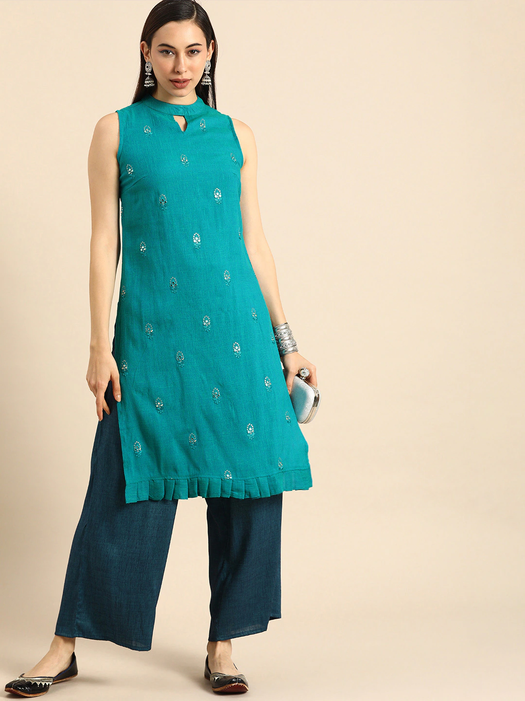 Women Teal Blue Ethnic Motifs Embroidered Regular Gotta Patti Kurta with Palazzos