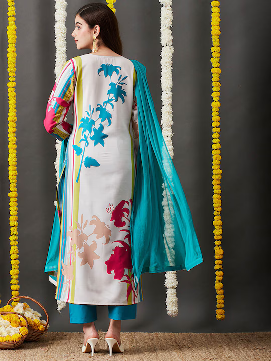 Floral Printed Thread Work Detailed Straight Kurta & Trouser With Dupatta