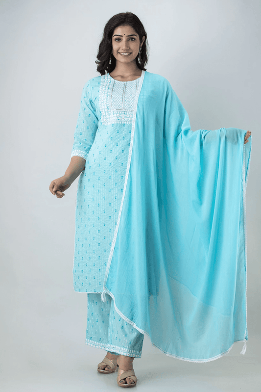 Women Pure Cotton Kurta Palazzo Dupatta Set