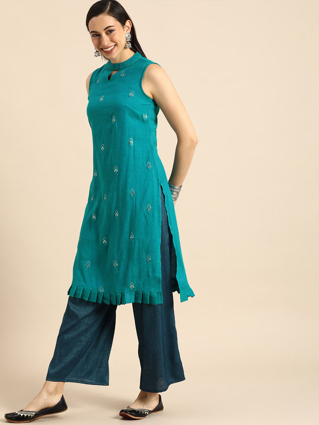 Women Teal Blue Ethnic Motifs Embroidered Regular Gotta Patti Kurta with Palazzos