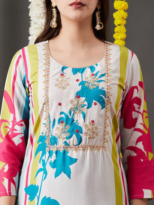 Floral Printed Thread Work Detailed Straight Kurta & Trouser With Dupatta