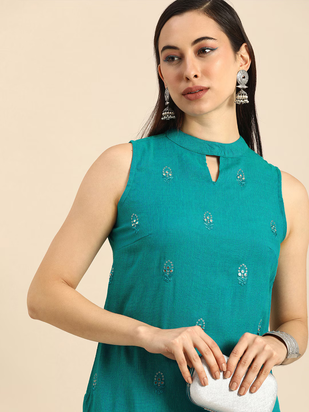 Women Teal Blue Ethnic Motifs Embroidered Regular Gotta Patti Kurta with Palazzos