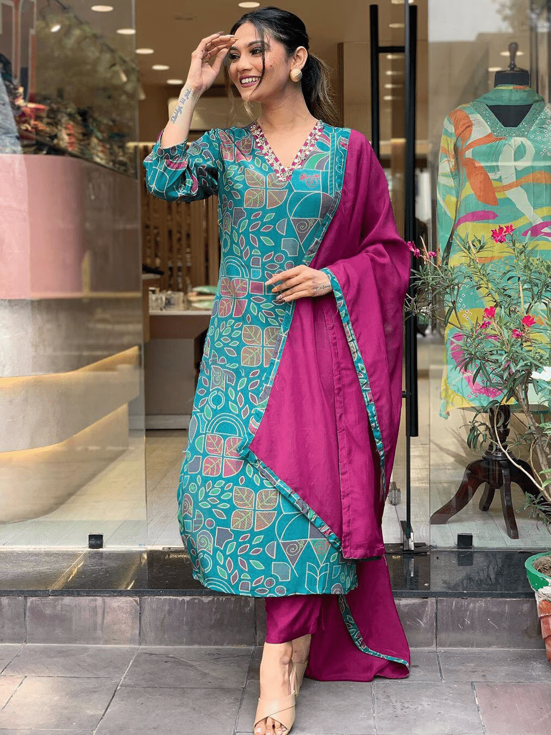 Floral Printed V-Neck Thread Work Regular Kurta With Trousers & Dupatta