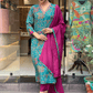 Floral Printed V-Neck Thread Work Regular Kurta With Trousers & Dupatta