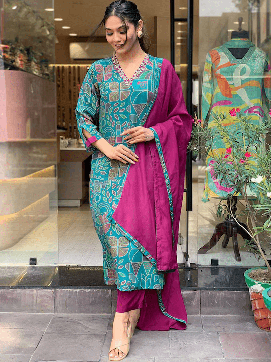 Floral Printed V-Neck Thread Work Regular Kurta With Trousers & Dupatta