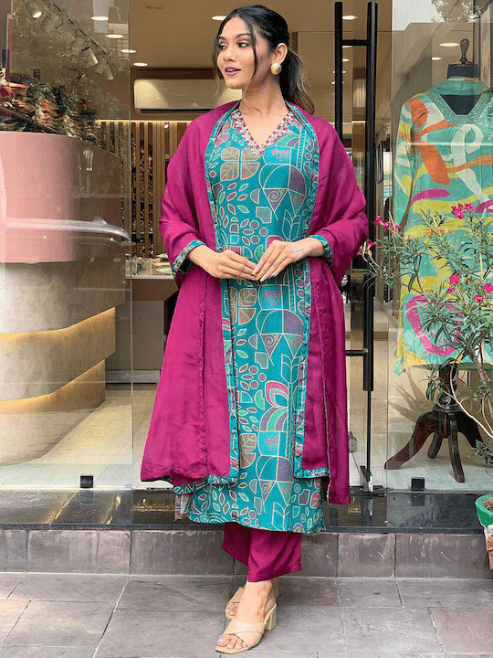 Floral Printed V-Neck Thread Work Regular Kurta With Trousers & Dupatta