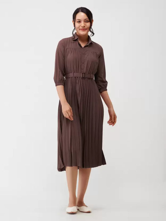Women Trendy Pleated Brown Dress