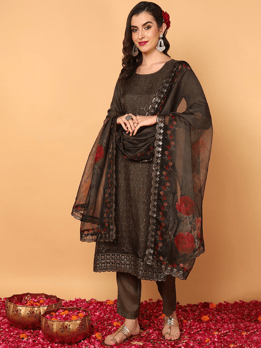 Floral Embroidered Sequinned Straight Kurta With Trousers & Dupatta