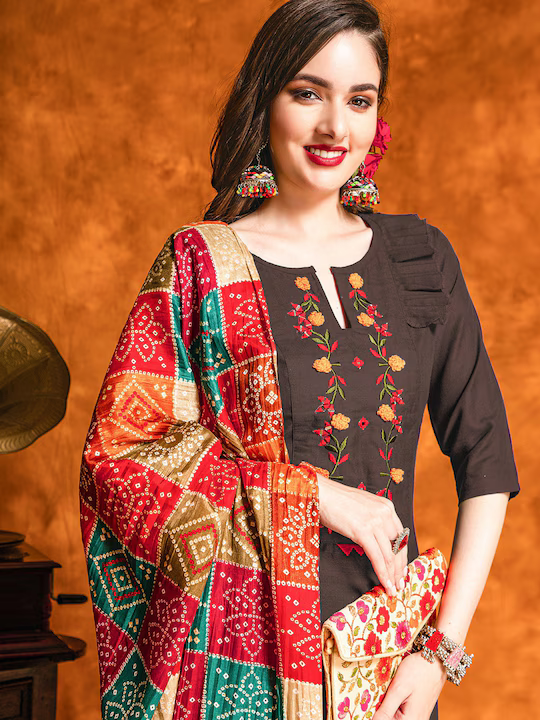 Women Ethnic Motifs Yoke Design Thread Work Pure Cotton Kurta with Salwar & Dupatta