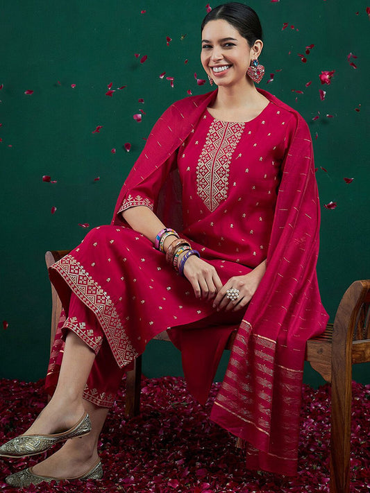 Embroidered Sequinned Chanderi Silk Straight Kurta With Trousers & Dupatta