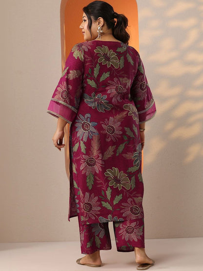 Plus Size Floral Printed Regular Thread Work Kurta with Palazzos