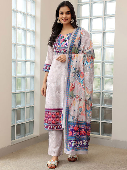 Floral Printed Regular Mirror Work Linen Straight Kurta with Trousers & Dupatta