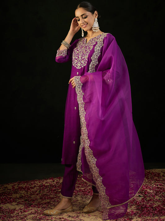 Notched Neck Floral Embroidered Liva Kurta with Trouser & Dupatta