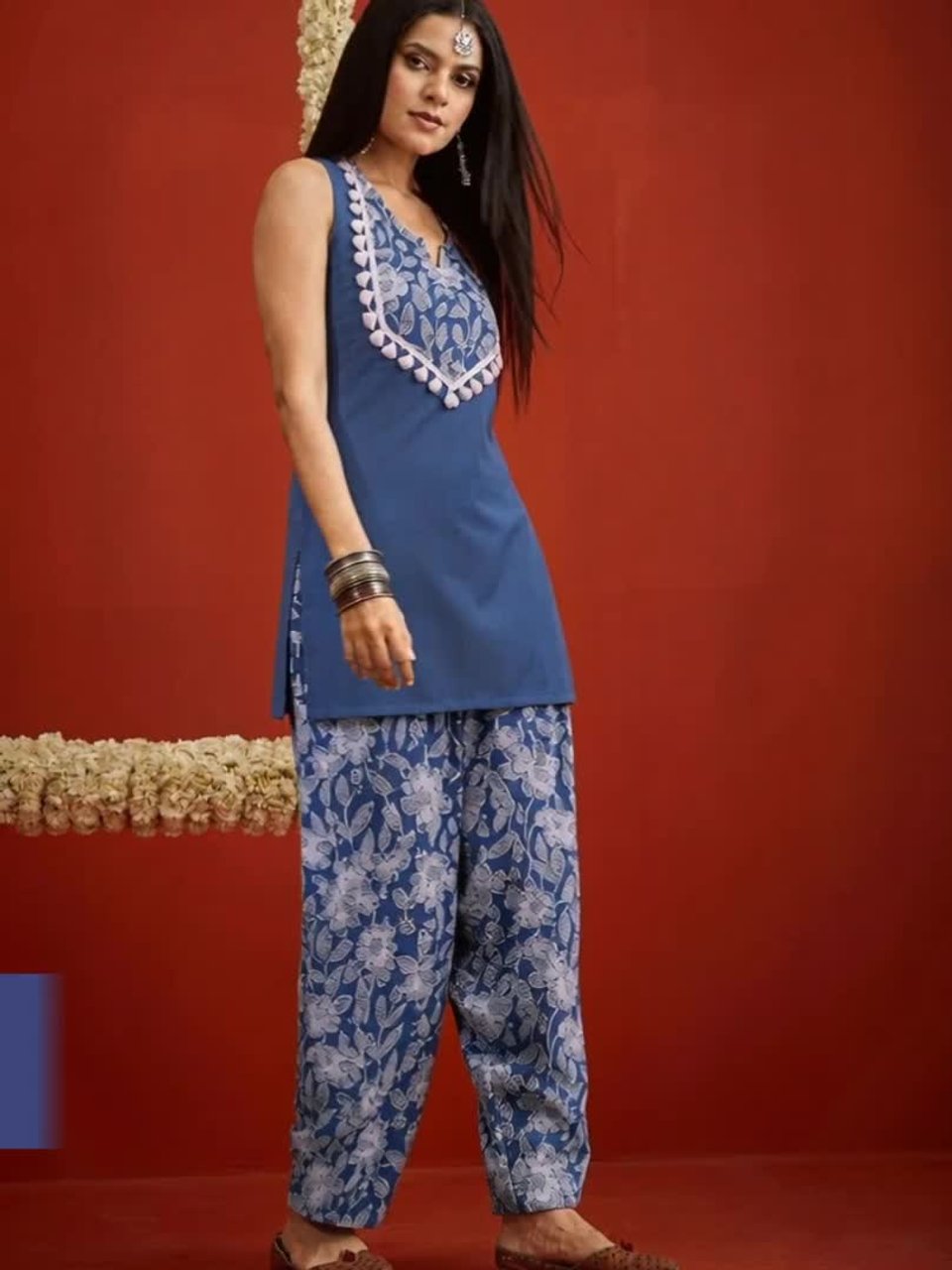 Women Blue Solid Pure Cotton Short Straight Kurti Farshi Salwar With Dupatta Set