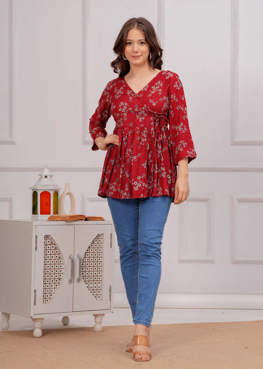 Casual Regular Sleeves Floral Print Women Red Top