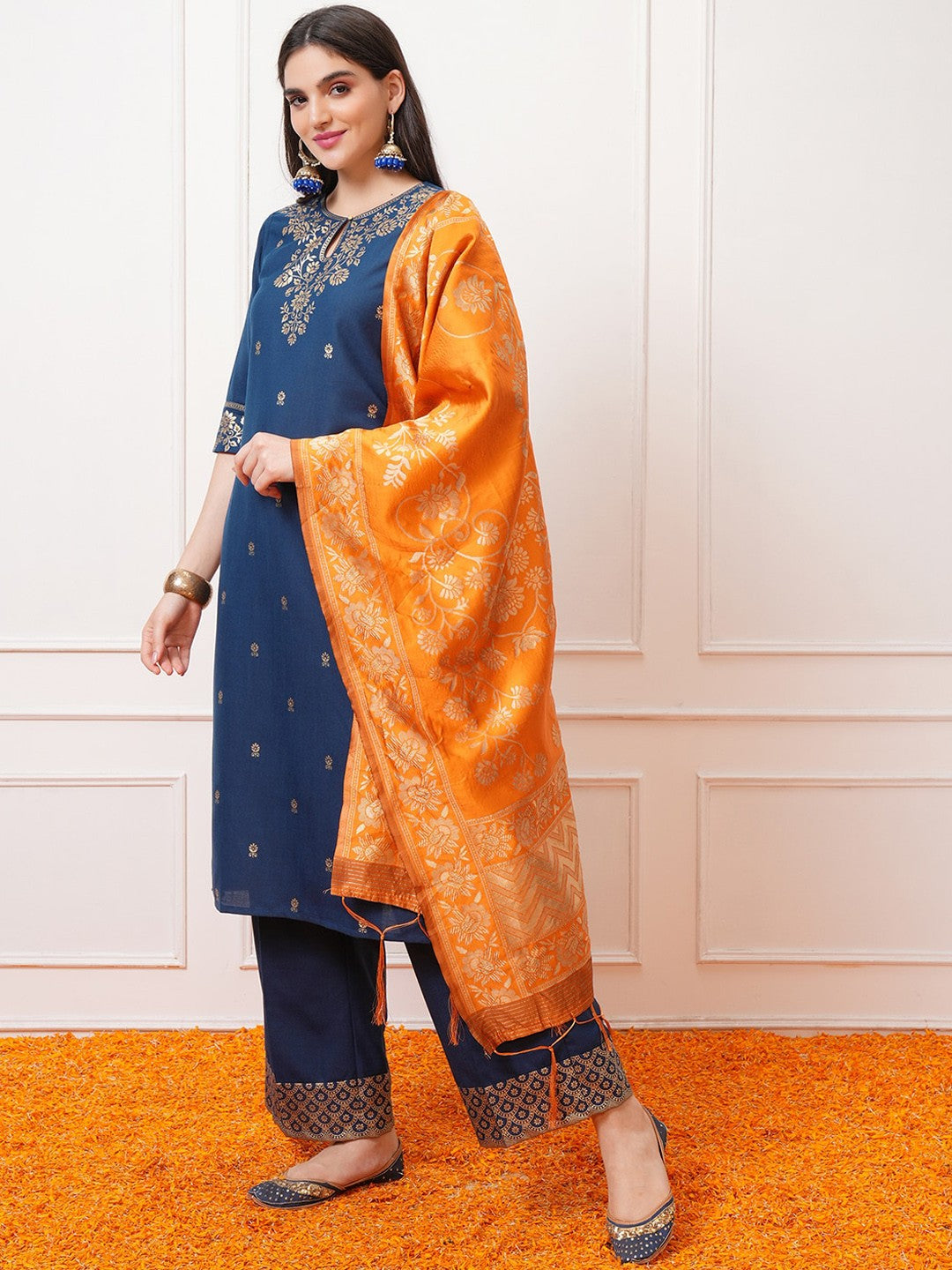 Teal Blue Floral Printed Regular Kurta with Palazzo & Dupatta