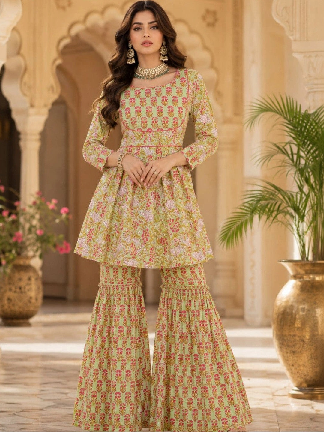 Floral Printed Pure Cotton Kurti with Sharara