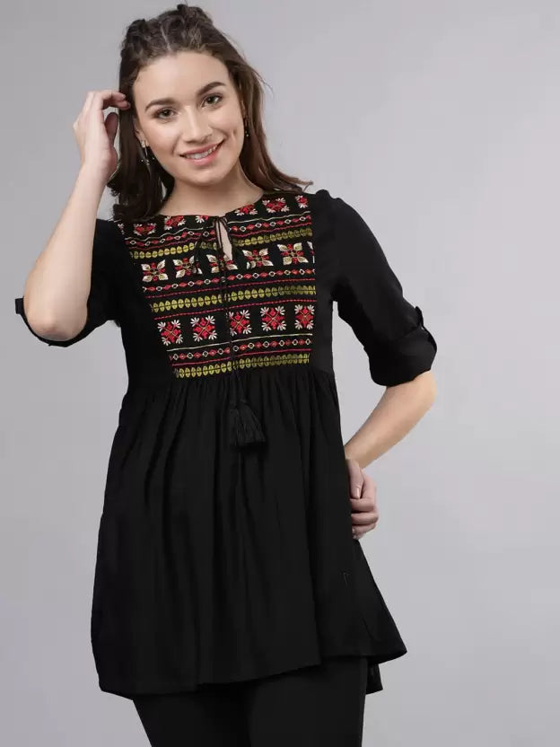 Casual Bell Sleeves Embroidered Women Black Top