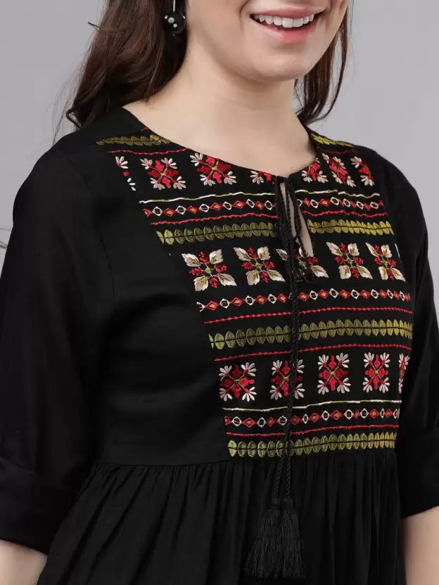Casual Bell Sleeves Embroidered Women Black Top