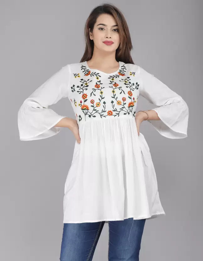 Casual Bell Sleeves Embroidered Women White Top