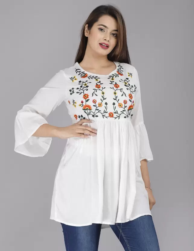 Casual Bell Sleeves Embroidered Women White Top