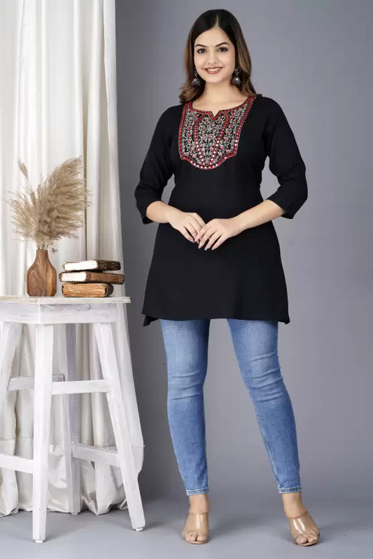 Casual Regular Sleeves Embroidered Women Black Top