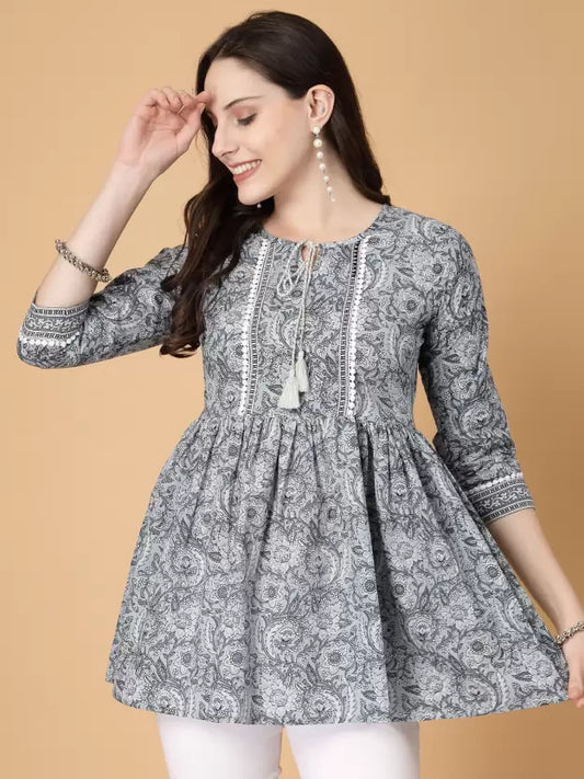 Casual Regular Sleeves Floral Print Women Grey White Top