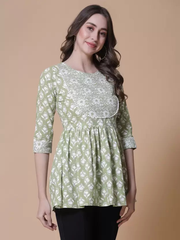 Casual Regular Sleeves Floral Print Women Light Green Top